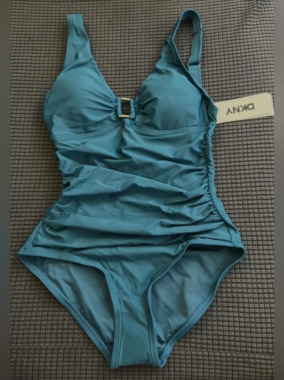 DKNY Women V-Neck Ring Detail One Piece Swimsuit Tummy Control Teal XS NWT - Picture 5 of 9